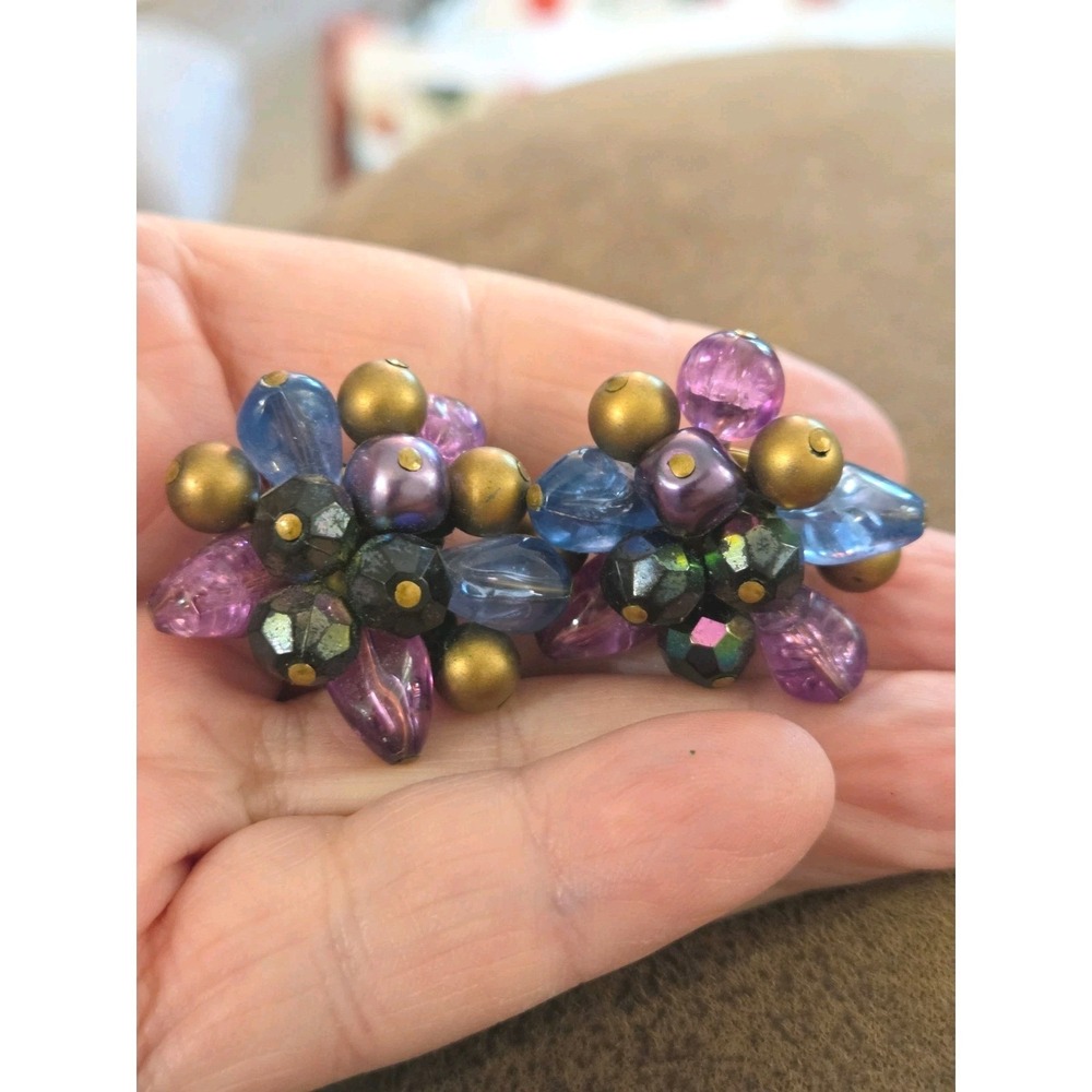 Vintage Matisse Purple Blue Aurora Borealis Bead Clip On Earrings estate MCM